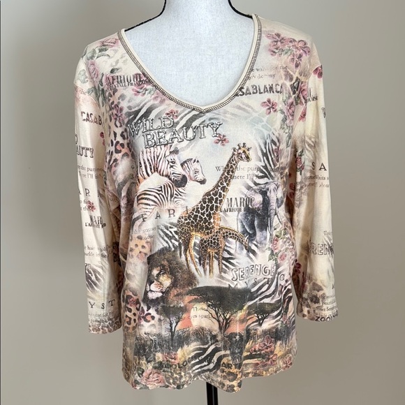 Vintage Y2K Christopher & Banks Safari Wild Beauty African Animal Print Top XL - Picture 1 of 8